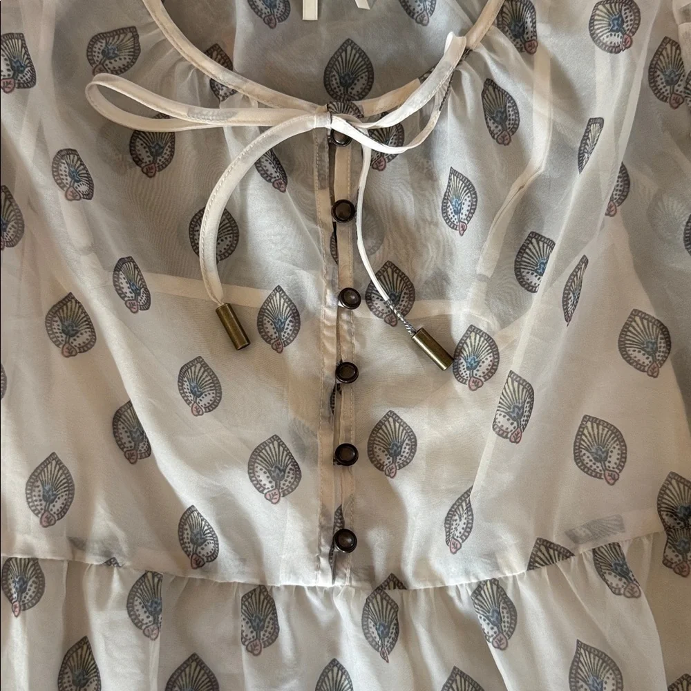 Anthropologie Cream Sheer Puff-Sleeve Peplum Blouse with Leaf Print size small